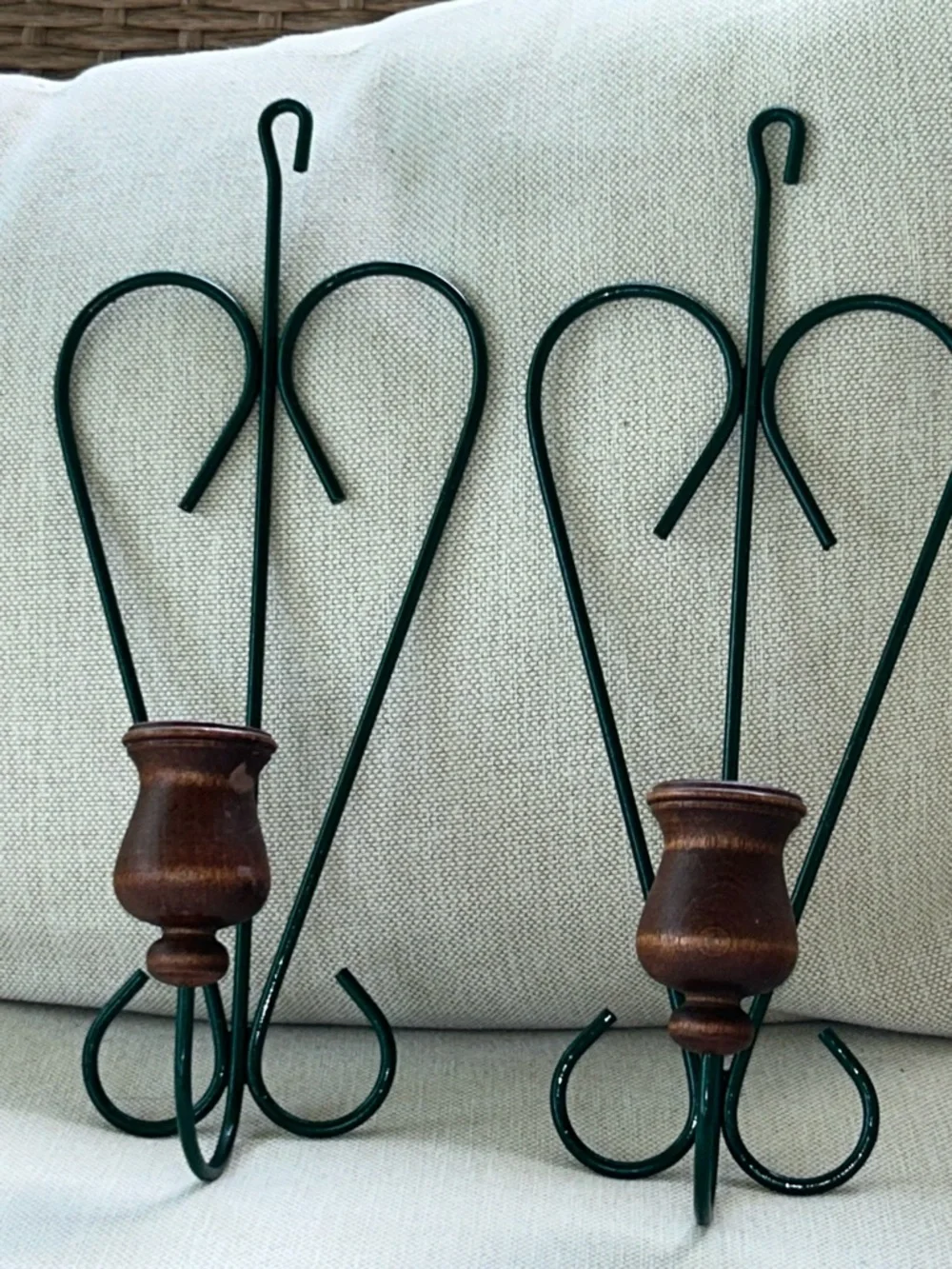 Vintage Style Green Metal & Wood Wall Candle Holders - Set of 2